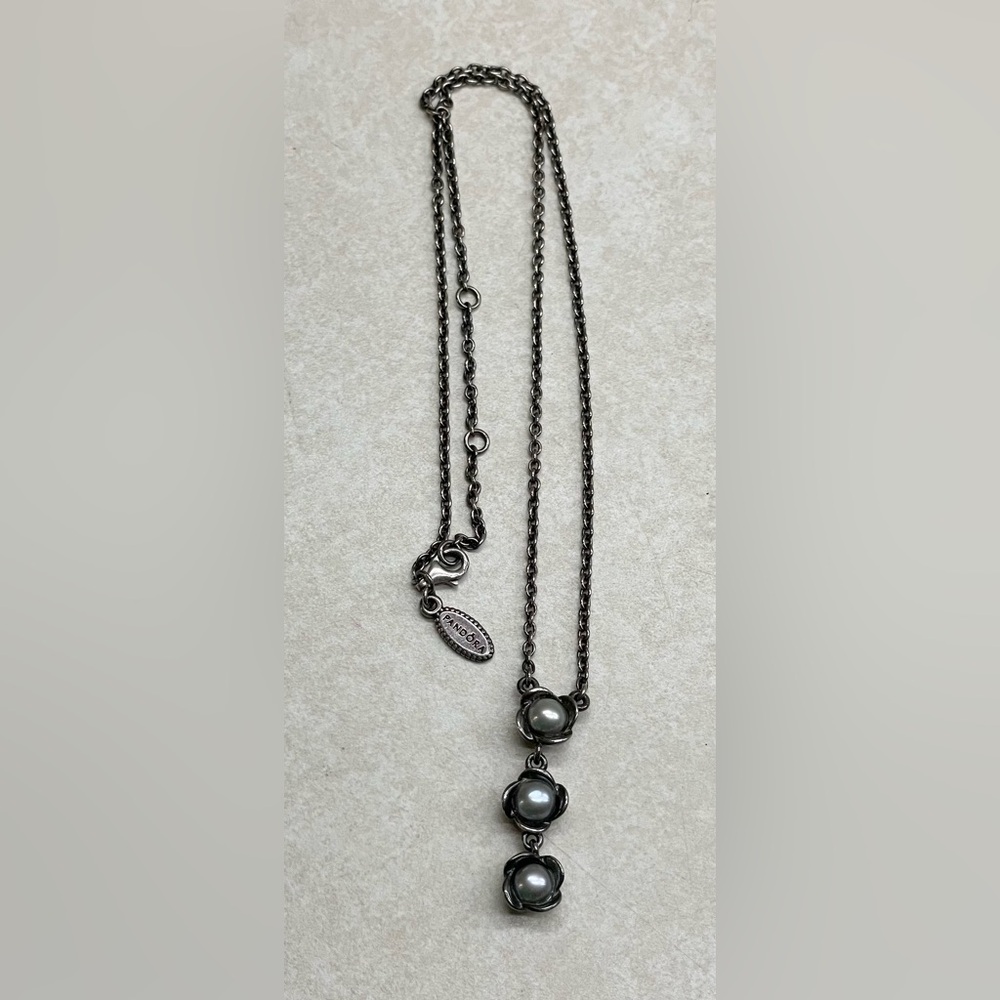 Retired Rare Pandora .925 Sterling Silver 3 Wishes Grey Pearl 17.5" Necklace
